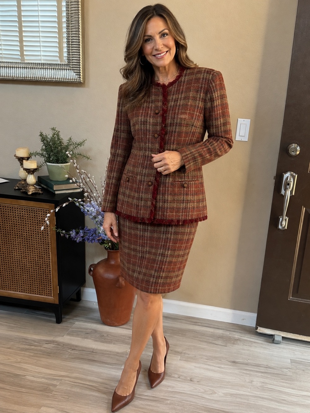Vintage Sag Harbor Plaid Skirt Suit Size 14 Brown Rust Fringe Blazer Set
